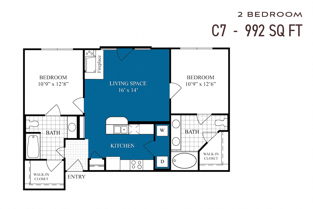 Floor plan for 2 beds, 2 baths, 992 sqft